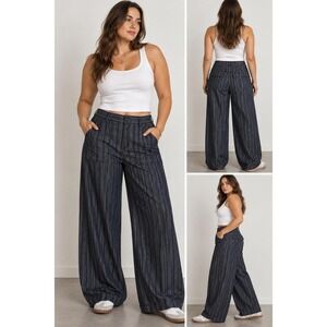 K&R London The Slouch Jean Navy Blue Pinstripe Wide Straight Leg Skater Large